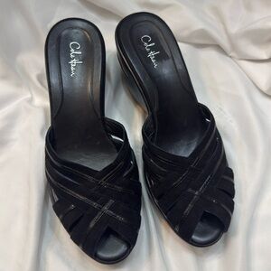 Cole Haan Nike Air Black Leather Wedge‎ Sandals – Size 9B –